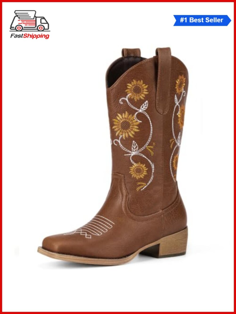 ✨ Western Sunflower Cowgirl Boots Mid Calf Square Toe Faux Leather